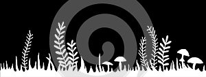 Vector illustration, seamless border, fairy forest frame black background.  inversion black and white drawing grass, bushes, mushr